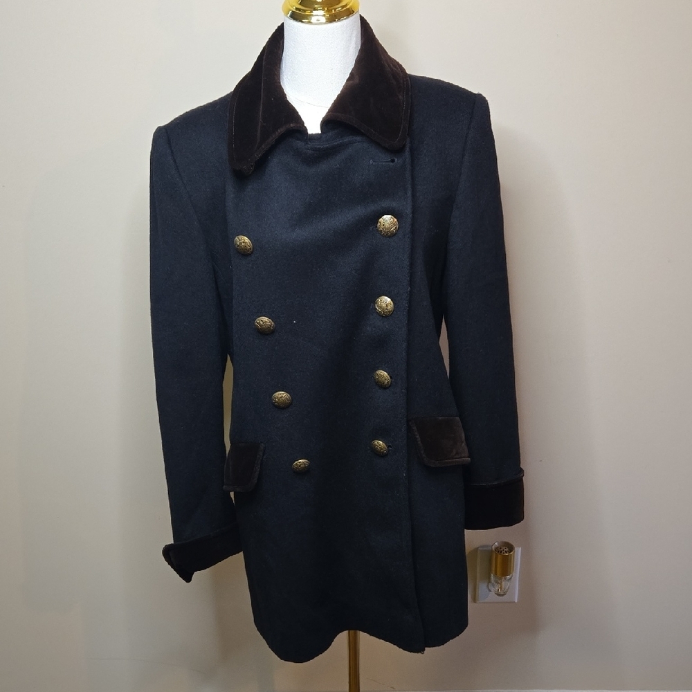 Vintage Black Wool Blend Double Breasted Jacket Gold Buttons Brown Velvet Trim M - Picture 2 of 10
